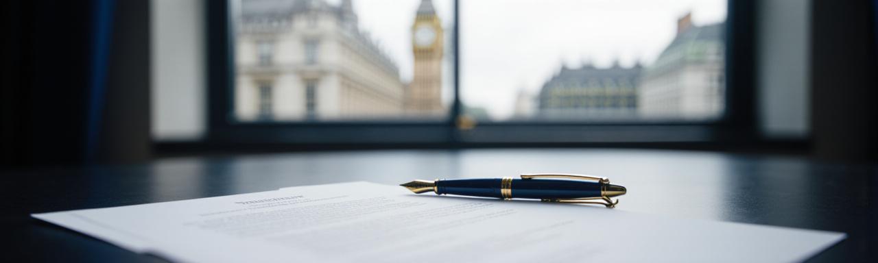 Professional legal documentation and quill on a desk in London